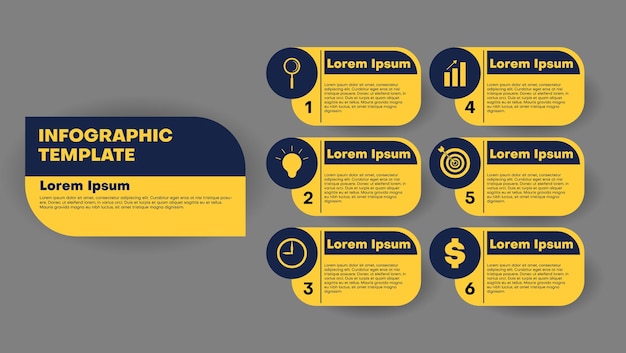 Flat infographic template design in dark blue and yellow color Abstract elements of graph diagram with steps options parts or processes