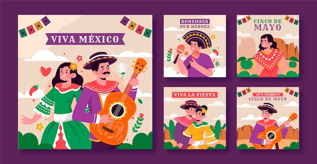 Flat instagram posts collection for cinco de mayo celebration