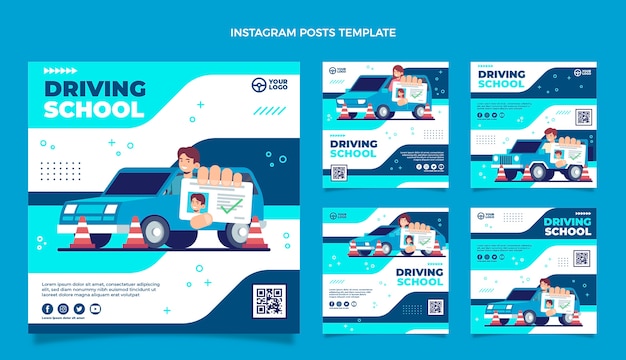 Flat instagram posts collection for driving school