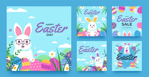 Flat instagram posts collection for easter celebration