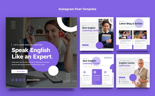 Flat instagram posts collection for english learning lessons