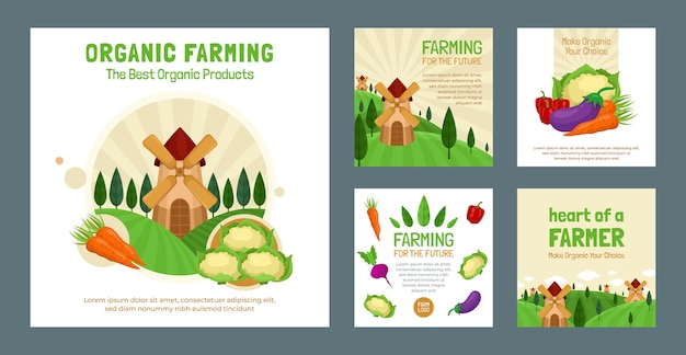 Vector flat instagram posts collection for farming and cultivation