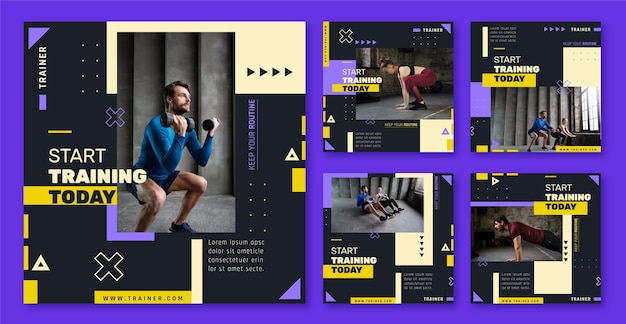 Flat instagram posts collection for gym and exercise