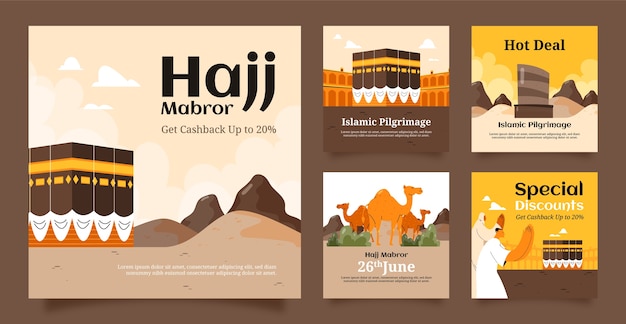 Vector flat instagram posts collection for hajj religious pilgrimage