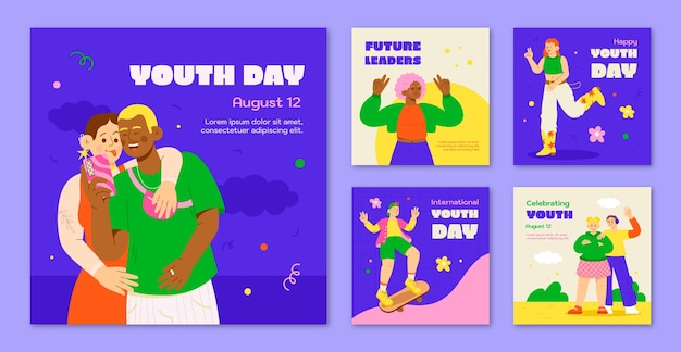 Flat instagram posts collection for international youth day celebration