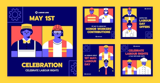 Flat instagram posts collection for labor day celebration