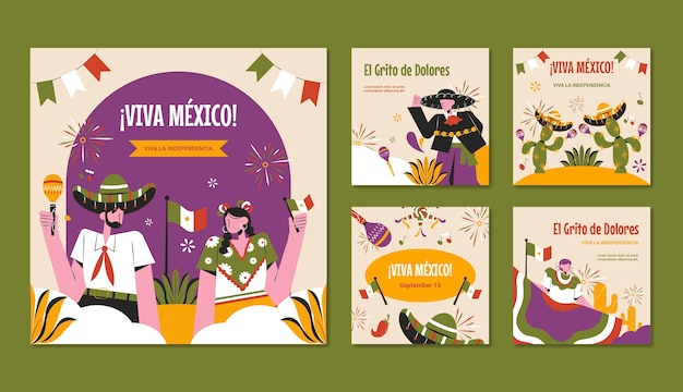 Flat instagram posts collection for mexico independence day celebration