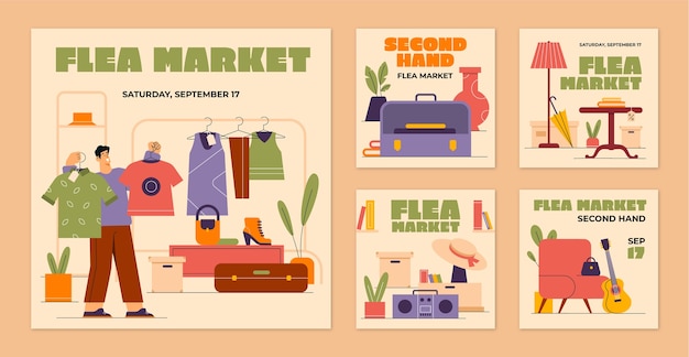 Flat instagram posts collection for second-hand flea market event