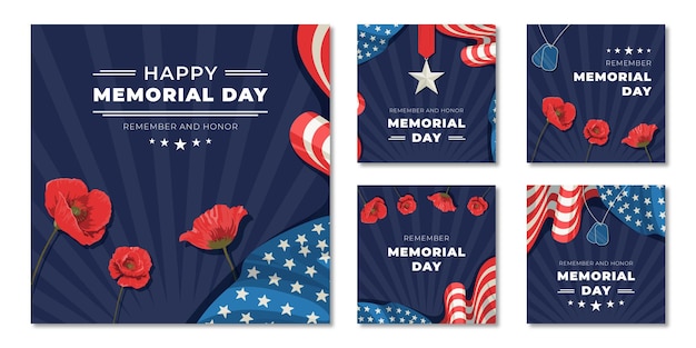 Flat instagram posts collection for usa memorial day celebration