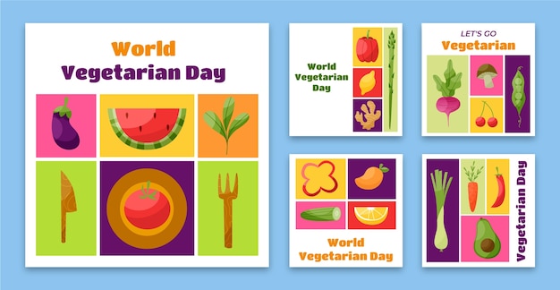 Flat instagram posts collection for world vegetarian day