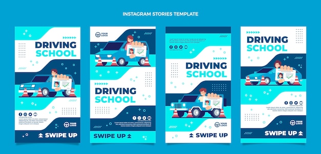 Flat instagram stories collection for driving school