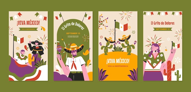 Flat instagram stories collection for mexico independence day celebration