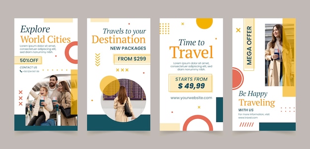 Flat instagram stories collection for travel agency business