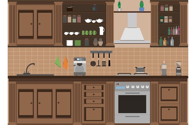 flat interior of a kitchen or kitchen area in brown tone