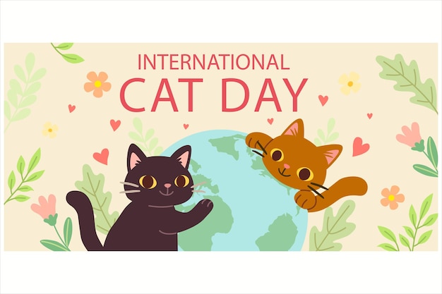 Flat international cat day horizontal banner template with cats planet vector