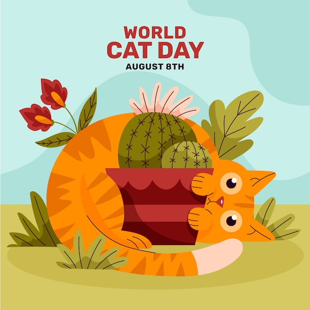 Flat international cat day illustration with cat and cactus