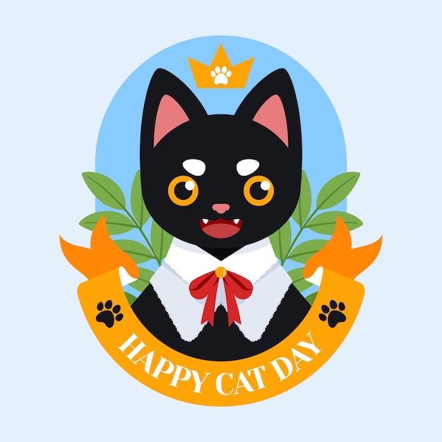 Flat international cat day illustration with cat and crown