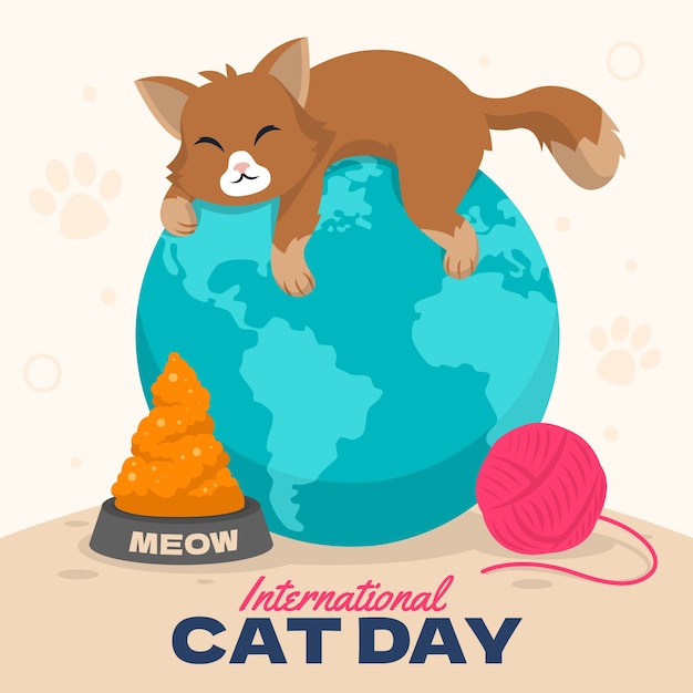 Flat international cat day illustration with cat on earth globe