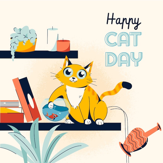 Vector flat international cat day illustration with cat and fish bowl