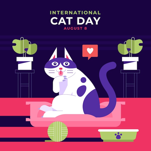 Flat international cat day illustration with cat and yarn