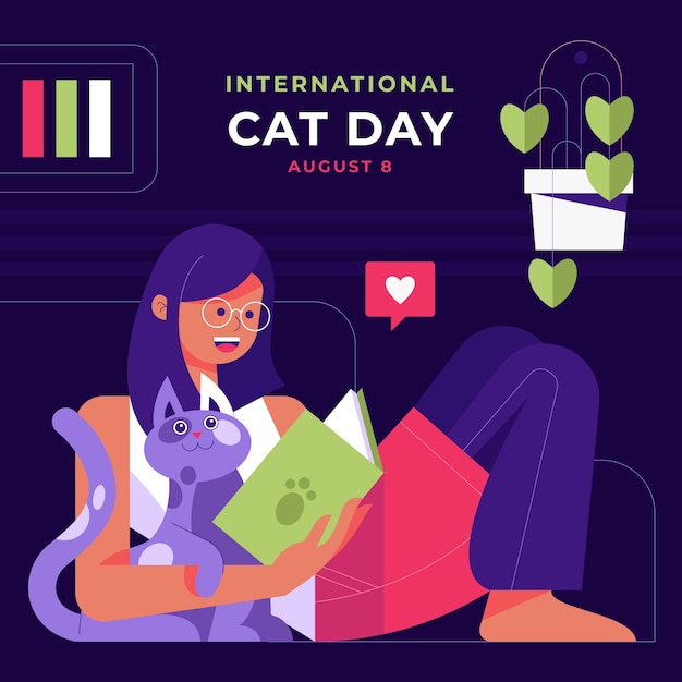 Flat international cat day illustration with woman reading and cat