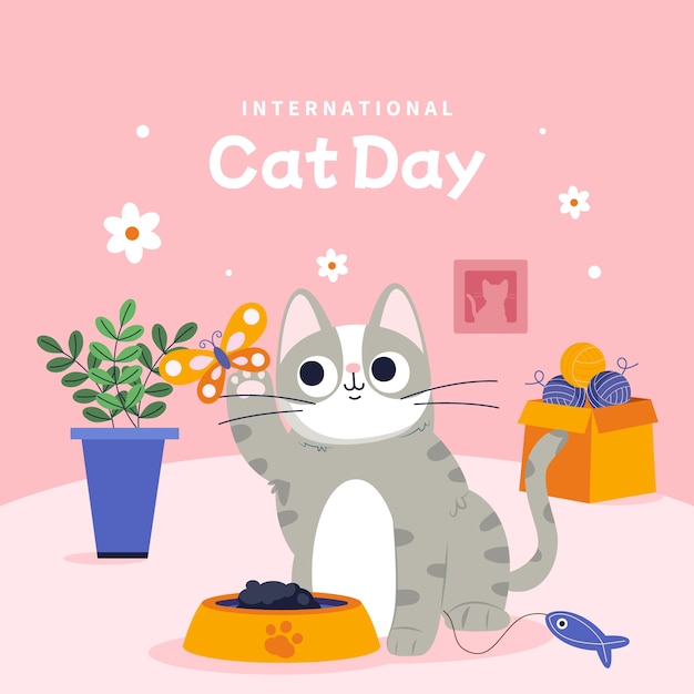 Flat international cat day illustration