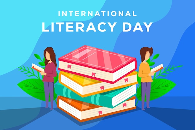 Flat International literacy day banner with books and people reading book