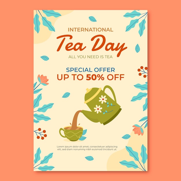 Flat international tea day vertical poster template