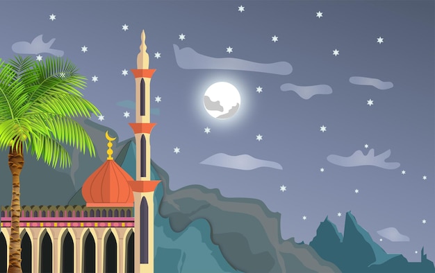 Flat islamic illustration with mosque at crescent night moon