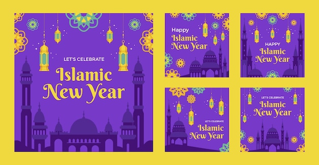 Flat islamic new year instagram posts collection with lanterns and palace