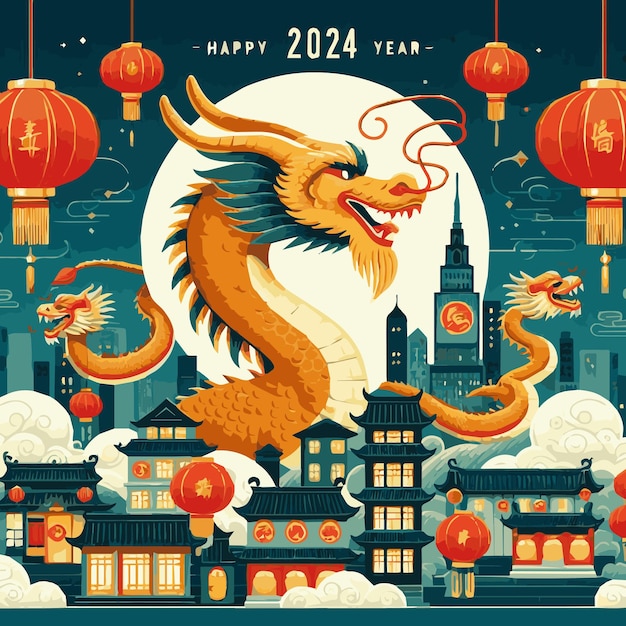 Flat Isolation Chinese New Year 2024 Vector with Year of the Dragon