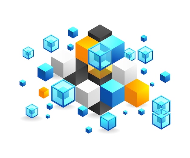 Flat isometric 3d illustration blockchain technology concept abstract background