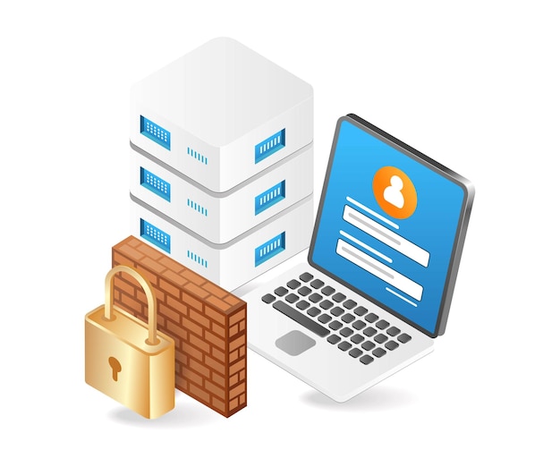 Flat isometric 3d illustration of computer data server security wall