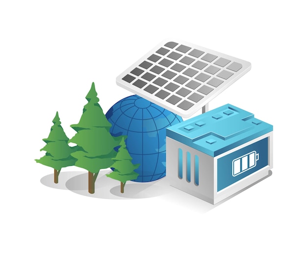 Flat isometric 3d illustration concept eco green view with solar panels