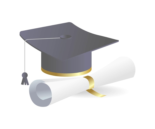 Flat isometric 3d illustration concept of graduation cap and certificate paper