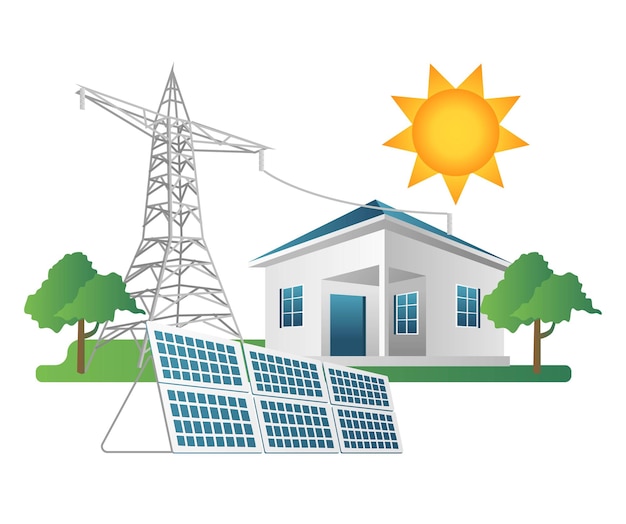 Flat isometric 3d illustration concept of house electricity pole line with solar panel energy