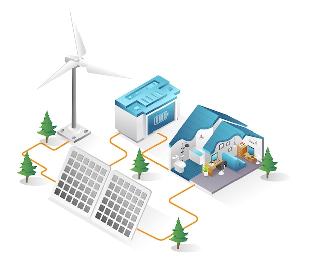 Flat isometric 3d illustration concept of house with solar panel energy and windmill