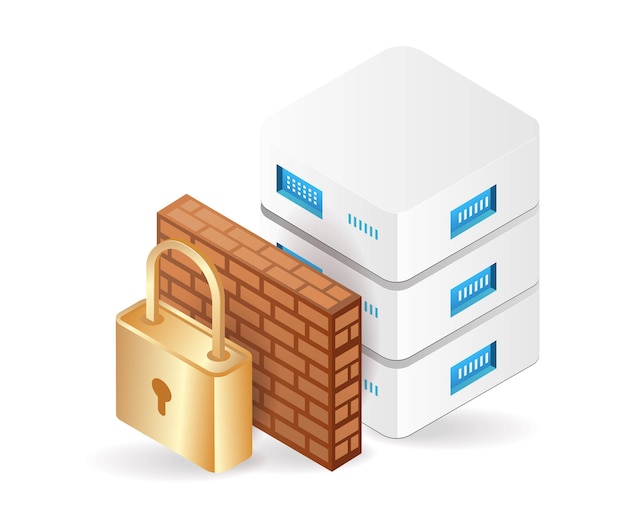 Flat isometric 3d illustration of data server security wall