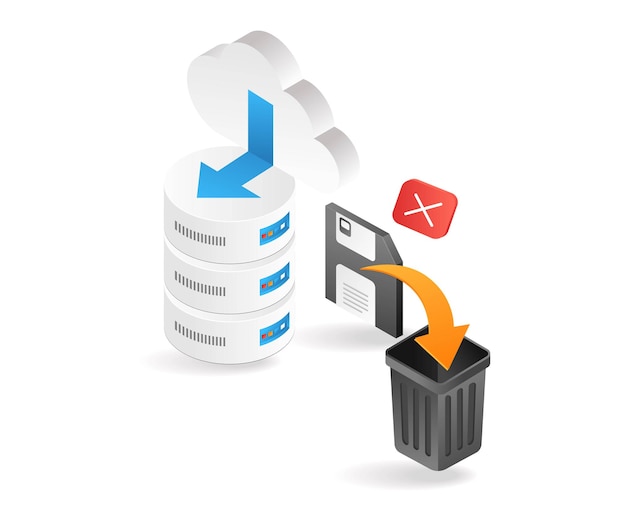 Flat isometric 3d illustration deleting data from database cloud server