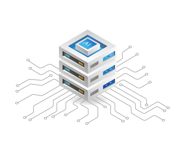 Flat isometric 3d illustration octopus network artificial intelligence cloud server data concept