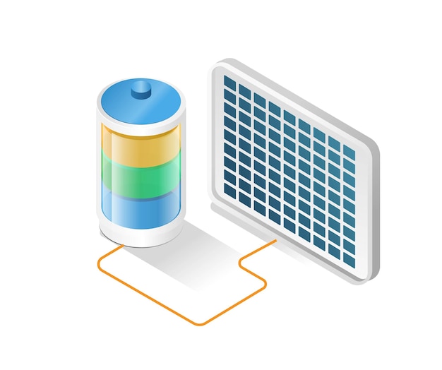 Flat isometric concept 3d illustration eco green energy solar panel battery