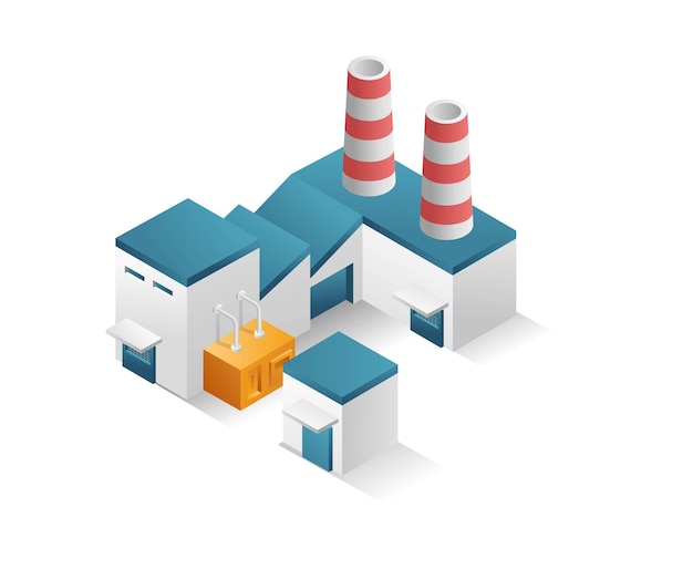 Flat isometric concept 3d illustration factory industrial minimalist building with chimney 1