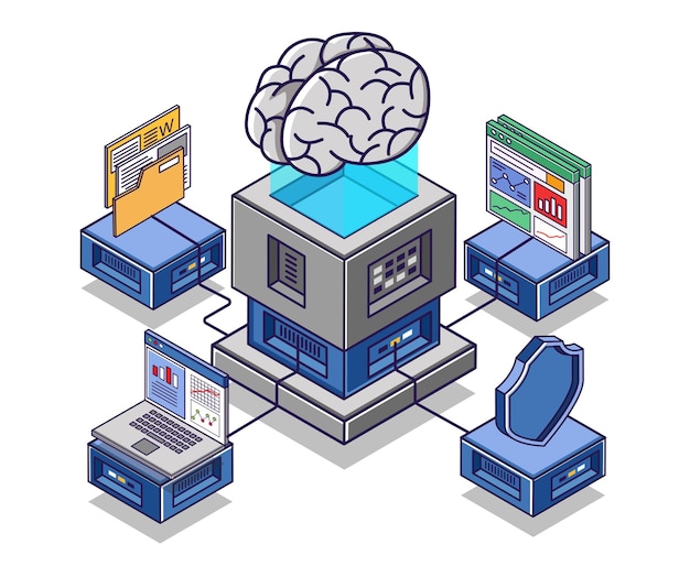 Flat isometric concept illustration artificial intelligence network for enterprise business analysis