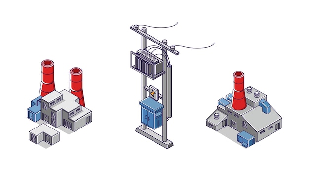 Vector flat isometric concept illustration bundle set of electric poles and factory industry icons