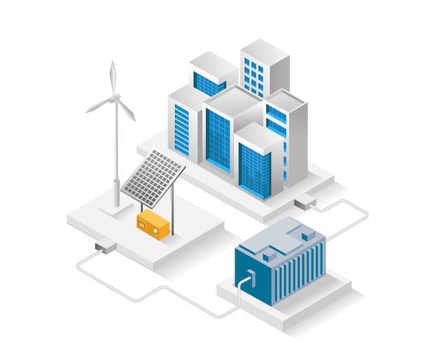 Vector flat isometric concept illustration city building with solar energy storage panels