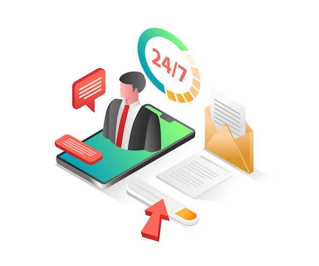 Flat isometric concept illustration customer service online 24 hours nonstop