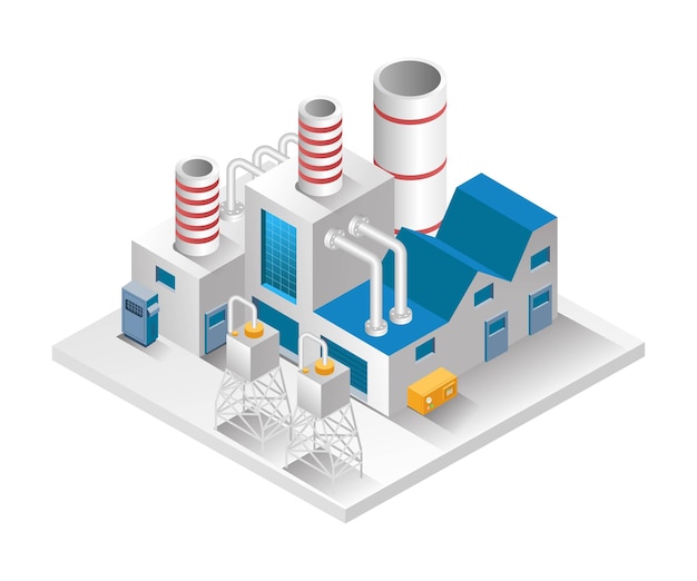 Vector flat isometric concept illustration factory building with chimney and water reservoir