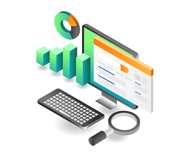 Flat isometric concept illustration seo optimization of business digital marketing strategy