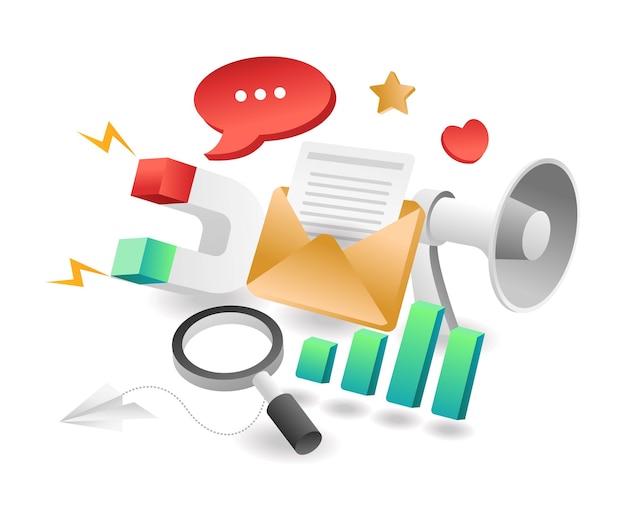 Flat isometric concept illustration strategy analyst email marketing campaign