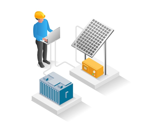 Flat isometric concept illustration technician installing solar panels